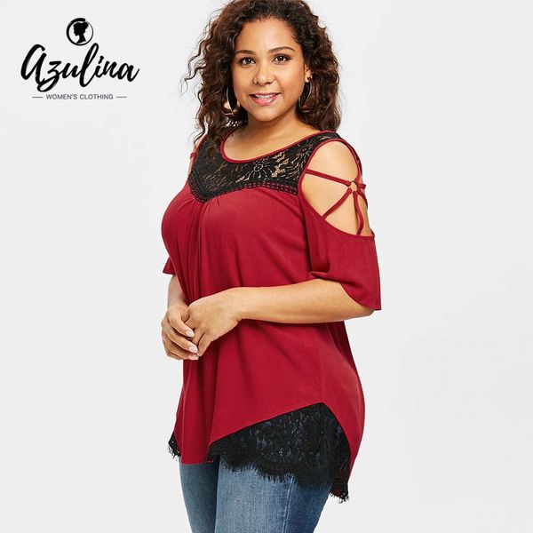 

azulina plus size lace insert open shoulder t-shirt women summer scoop neck half sleeve t shirt for women tees big size, White