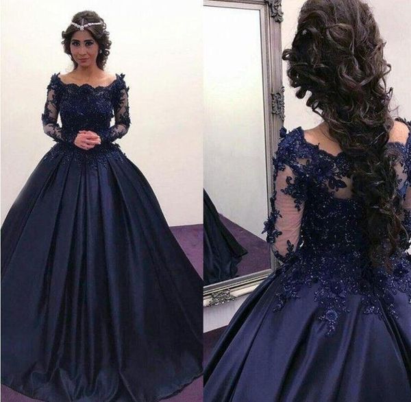2018 fall winter navy blue long sleeve prom dresses bateau lace satin masquerade ball gown african evening formal dress vestidos plus size, Black
2018 fall winter navy blue long sleeve prom dresses bateau lace satin masquerade ball gown african evening formal dress vestidos plus size, Black