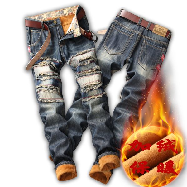 men jeans winter thicken jeans fleece denim ripped patchwork casual pants feet warm pants denim, Blue
men jeans winter thicken jeans fleece denim ripped patchwork casual pants feet warm pants denim, Blue