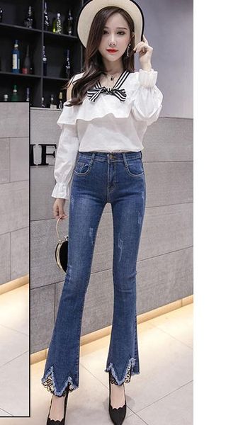 spring 2018 female korean cultivate one's moral character high waist jeans edging fringed micro suona pants, Blue
spring 2018 female korean cultivate one's moral character high waist jeans edging fringed micro suona pants, Blue