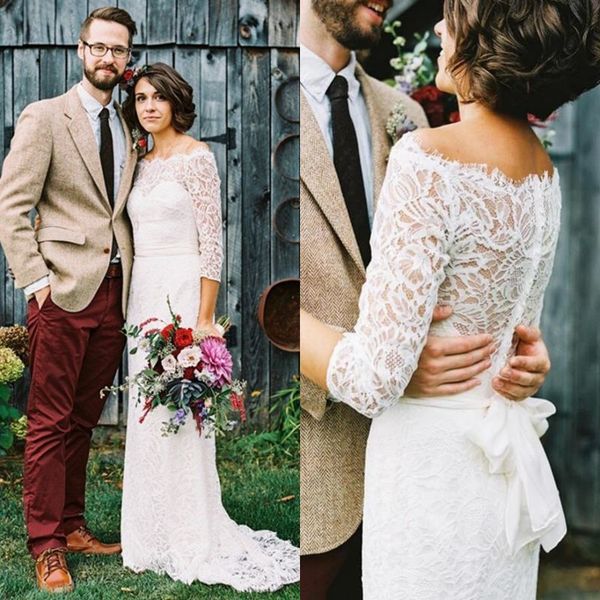 2019 romantic lace sheath wedding dresses sheer neck illusion 3/4 sleeves country style boho bohemian beach bridal gowns with sash, White
2019 romantic lace sheath wedding dresses sheer neck illusion 3/4 sleeves country style boho bohemian beach bridal gowns with sash, White