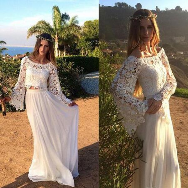 two piece lace country wedding dresses sheer neck long flare sleeve chiffon skirt beach wedding dresses vestido de novia, White
two piece lace country wedding dresses sheer neck long flare sleeve chiffon skirt beach wedding dresses vestido de novia, White