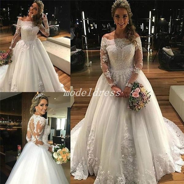 long sleeve wedding dresses 2020 off shoulder sweep train appliques beads illusion bodice chapel garden bridal gowns vestido de novia, White
long sleeve wedding dresses 2020 off shoulder sweep train appliques beads illusion bodice chapel garden bridal gowns vestido de novia, White
