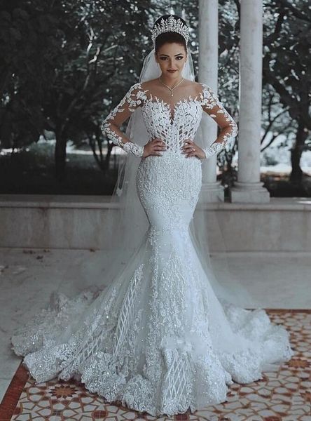2019 new arabic overskirts sheath wedding dresses jewel neck beaded crystal lace appliques long sleeves plus size formal mermaid bridal gown, White
2019 new arabic overskirts sheath wedding dresses jewel neck beaded crystal lace appliques long sleeves plus size formal mermaid bridal gown, White