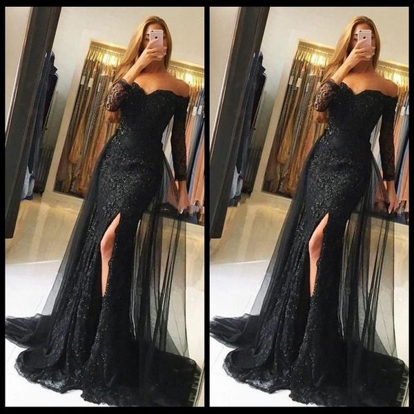 black long mermaid evening dresses applique lace off shoulder long sleeves prom party gowns side split evening dress, Black;red
black long mermaid evening dresses applique lace off shoulder long sleeves prom party gowns side split evening dress, Black;red