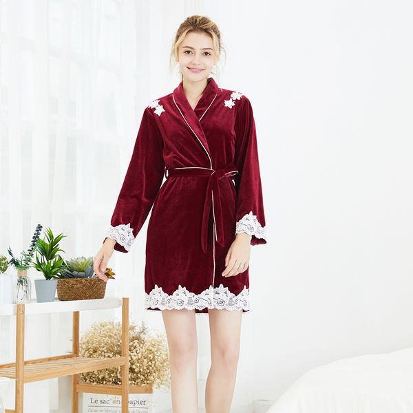 women winter warm full sleeve above knee mini robe 2018 velvet sleepwear sash robes lace patchwork female bathrobe, Black;red
women winter warm full sleeve above knee mini robe 2018 velvet sleepwear sash robes lace patchwork female bathrobe, Black;red