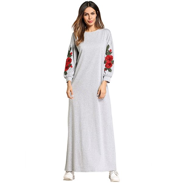 

muslim abaya embroidery maxi dress cotton kimono flower long robe gowns loose style jubah ramadan middle east islamic clothing, Red
