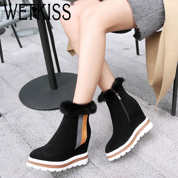 

wetkiss 2018 new winter high heels women ankle boots wedges pointed toe footwear flock female boot platform casual shoes woman, Black