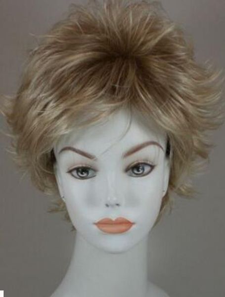 strawberry blonde tipped w/ pale blonde short straight wig w/ flips, Black;brown