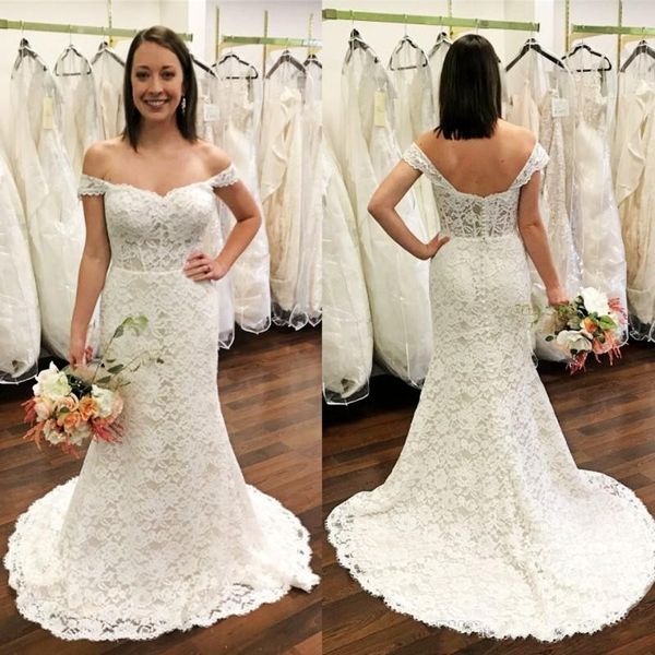 stunning mermaid lace wedding dresses off the shoulder neck ivory bridal gowns sweep train trumpet buttons back vestido de novia, White
stunning mermaid lace wedding dresses off the shoulder neck ivory bridal gowns sweep train trumpet buttons back vestido de novia, White