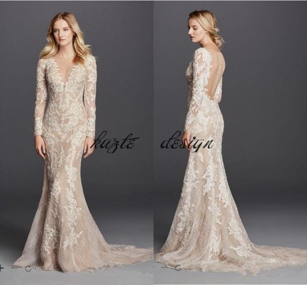 mermaid champagne wedding dresses 2018 long sleeve v neck full lace detail and button back modest bridal gowns, White
mermaid champagne wedding dresses 2018 long sleeve v neck full lace detail and button back modest bridal gowns, White