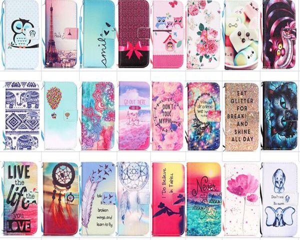 60 designs Cartoon owl butterfly flower Printed Flip Stand Wallet leather Case for For iPhone 8 7 6 plus Samsung S6 S7 edge
