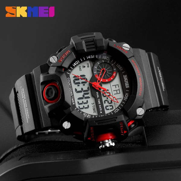 

skmei luxury men's 3 time sport digital watch fashion quartz waterproof watches led chrono clock relogio masculino, Slivery;brown