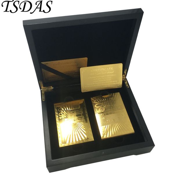 

2 компл. 999 золото Евро 500/100 24 К золото игральные карты пакет в черный деревянный ящ