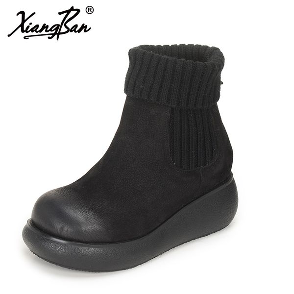 xiangban flat platform boots knitting wool winter women ankle boots genuine leather female shoes, Black
xiangban flat platform boots knitting wool winter women ankle boots genuine leather female shoes, Black