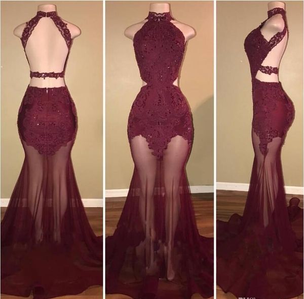 2018 burgundy high neck sparkly mermaid prom dresses sleeveless backless lace appliqued beaded special evening party gowns vintage, Black
2018 burgundy high neck sparkly mermaid prom dresses sleeveless backless lace appliqued beaded special evening party gowns vintage, Black