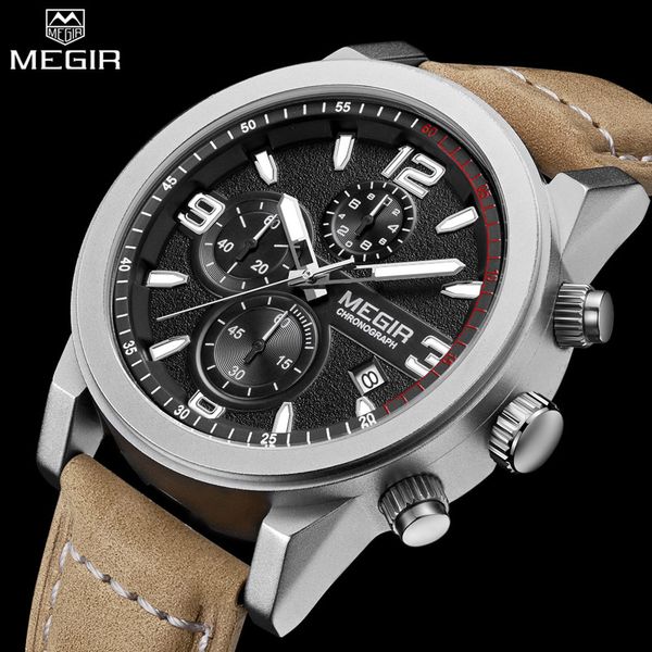 megir men casual watch chronograph engraved dial genuine leather auto date multifunction waterproof watch male glow hands, Slivery;brown
megir men casual watch chronograph engraved dial genuine leather auto date multifunction waterproof watch male glow hands, Slivery;brown