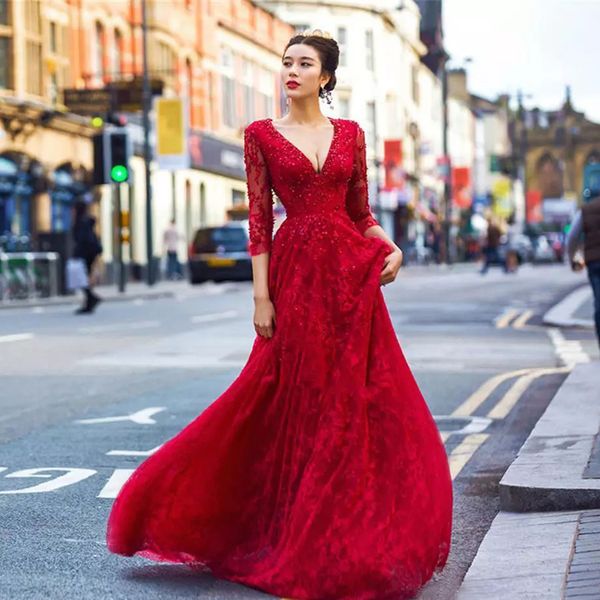 custom lace evening dresses 2020 with 3/4 long sleeves beaded appliques v neck sweep train open back formal prom party gowns, Black;red
custom lace evening dresses 2020 with 3/4 long sleeves beaded appliques v neck sweep train open back formal prom party gowns, Black;red