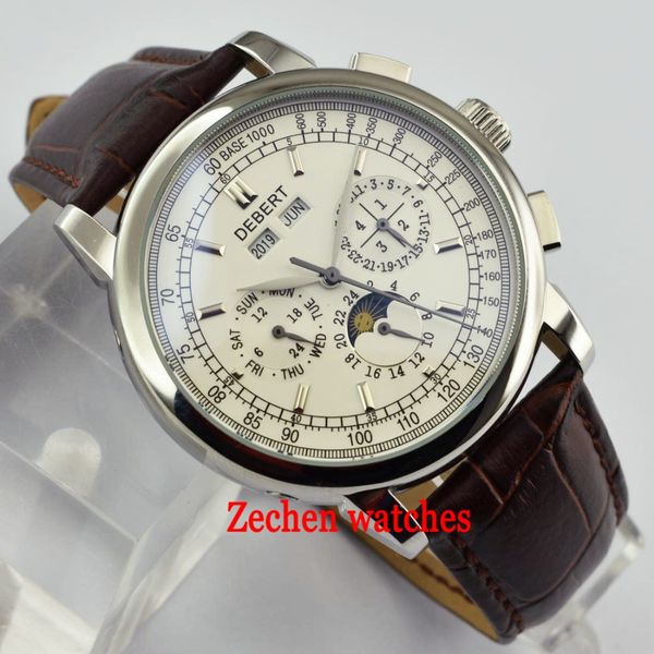 42mm debert white dial date day moon phase multifunction automatic mens watch 316l sliver case auyomatic mens watches, Slivery;brown
42mm debert white dial date day moon phase multifunction automatic mens watch 316l sliver case auyomatic mens watches, Slivery;brown