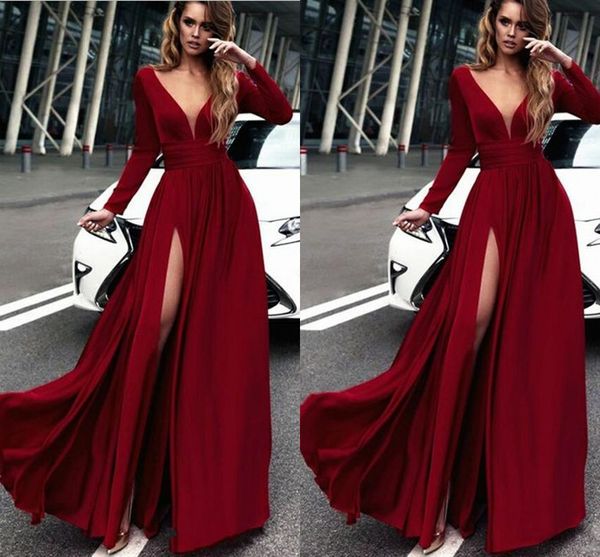 2018 glamorous burgundy chiffon deep v-neck a-line prom dresses long sleeves side split evening party dress wear gowns sale, Black
2018 glamorous burgundy chiffon deep v-neck a-line prom dresses long sleeves side split evening party dress wear gowns sale, Black