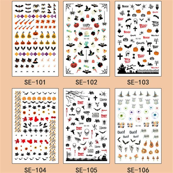 6 Sheet Beauty Halloween Water Transfer Nail Art Sticker Decals Nails Decoration Manicure Tool Pumpkin Skull Design Adhesive Tip