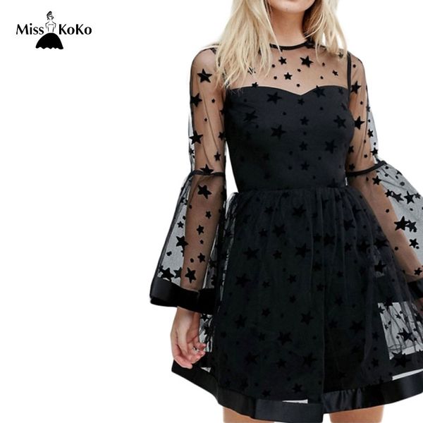 misskoko brand women black stars printed lace mini dresses o-neck flare sleeve patchwork sheer backless female vestidos, White;black
misskoko brand women black stars printed lace mini dresses o-neck flare sleeve patchwork sheer backless female vestidos, White;black