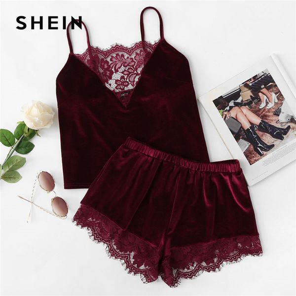 

shein 2018 lace trim velvet cami & shorts pajamas set women burgundy plain spaghetti strap sleeveless summer sleepwear, Black;red