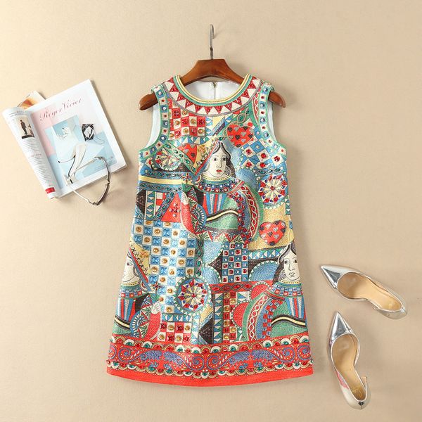 european and american women's wear in 2018 the new spring sleeveless jacquard printing of cards dress, Black;gray
european and american women's wear in 2018 the new spring sleeveless jacquard printing of cards dress, Black;gray