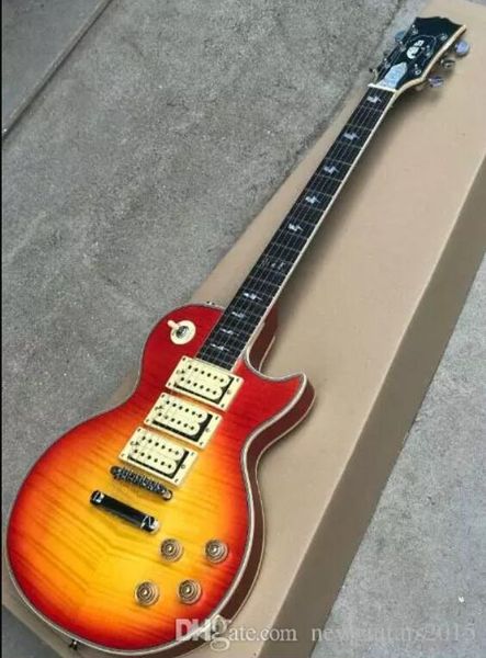 

custom shop ace frehley budokan signature cherry sunburst flame maple electric guitar three pickups, lightening bolt inlay in stock