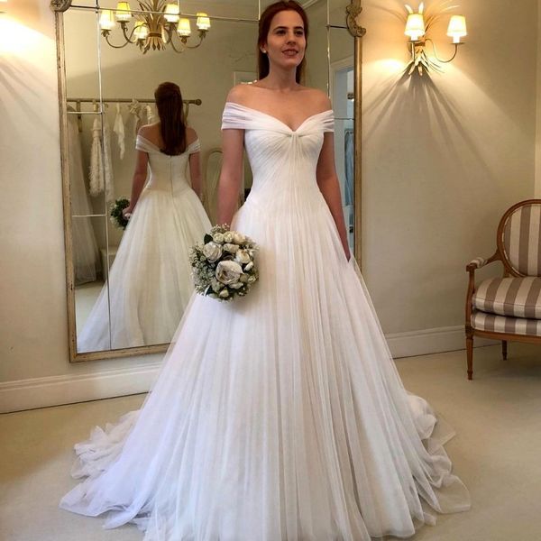 vintage a line pleated wedding dresses off the shoulder bridal gowns court train tulle custom made vestido de novia, White
vintage a line pleated wedding dresses off the shoulder bridal gowns court train tulle custom made vestido de novia, White