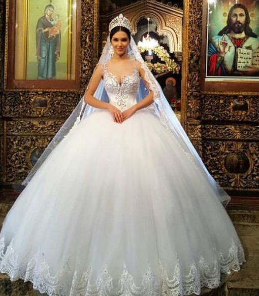 2018 royal ball gown wedding dresses sheer neck sleeveless appliques beaded tulle plus size wedding gowns queen bridal dresses, White
2018 royal ball gown wedding dresses sheer neck sleeveless appliques beaded tulle plus size wedding gowns queen bridal dresses, White