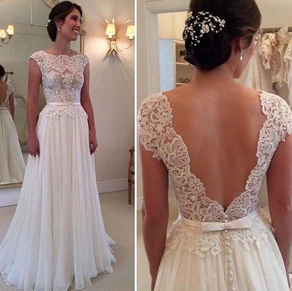 summer chiffon a-line wedding dress illusion bateau cap sleeves backless beach wedding gowns applique lace bridal dress, White
summer chiffon a-line wedding dress illusion bateau cap sleeves backless beach wedding gowns applique lace bridal dress, White