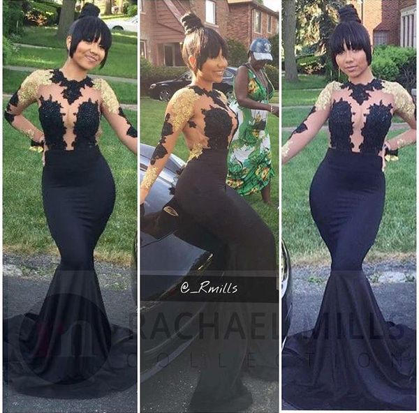 

Real Image Black and Gold 2018 Hot Selling Round Neck Bare Back Evening Long Dresses Illusion Bust Mermaid homecoming Prom Gowns