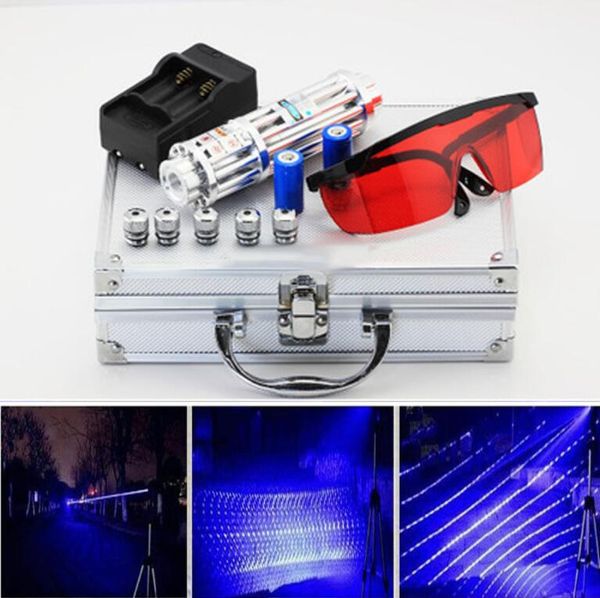 Most Powerful Laser Torch 450nm 500000m Focusable Blue Laser Pointers Flashlight Laser Pen With Charger Glasses Star Caps Metal Box