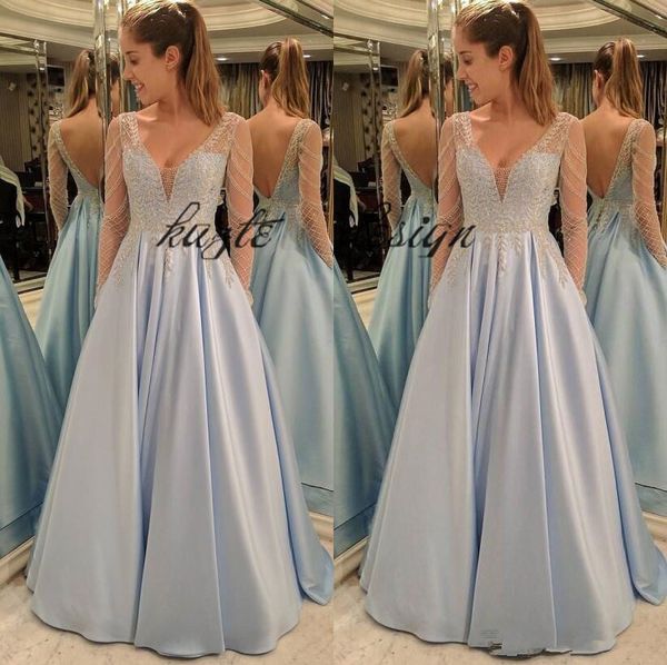 light ice blue satin 2018 prom dresses long sleeves crystal beading formal evening pageant gowns v neck with pocket design, Black;red
light ice blue satin 2018 prom dresses long sleeves crystal beading formal evening pageant gowns v neck with pocket design, Black;red