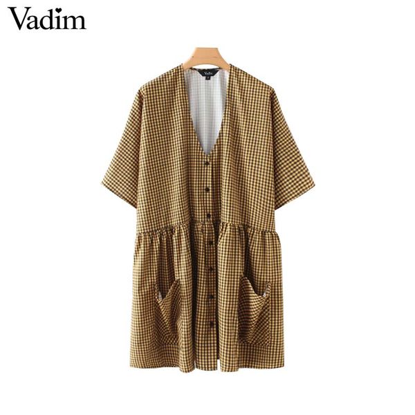vadim women v neck plaid loose mini dress pockets oversized three quarter sleeve pleated female casual dress vestidos qa558, White;black
vadim women v neck plaid loose mini dress pockets oversized three quarter sleeve pleated female casual dress vestidos qa558, White;black