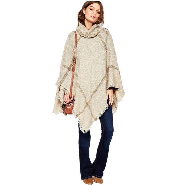 

women batwing knitwear high collar loose pullover blouse irregularity cloak poncho cape knitting sweater coat shawl q6-29f, White;black