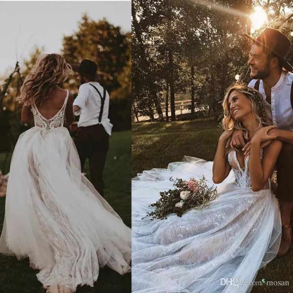 2019 romantic full lace bohemian wedding dresses sheer mesh applique backless sweep train wedding party bridal gowns, White
2019 romantic full lace bohemian wedding dresses sheer mesh applique backless sweep train wedding party bridal gowns, White