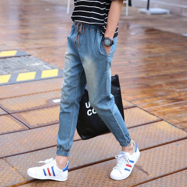 men denim casual retro washed pledted men denim jeans vintage solid drawstring elastic waist spring summer ankle-length pants, Blue
men denim casual retro washed pledted men denim jeans vintage solid drawstring elastic waist spring summer ankle-length pants, Blue