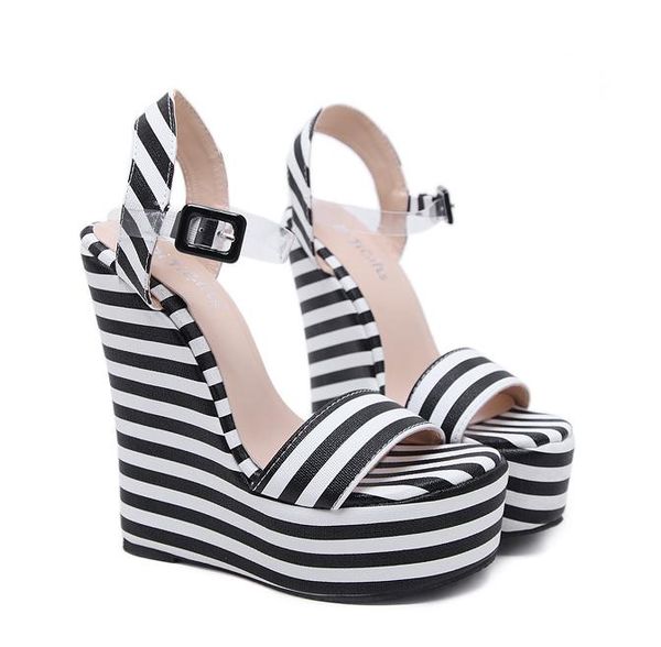 15cm Chic platform wedges sandals black white zebra striped PVC strappy shoes designer high heel size 35 to 40
15cm Chic platform wedges sandals black white zebra striped PVC strappy shoes designer high heel size 35 to 40