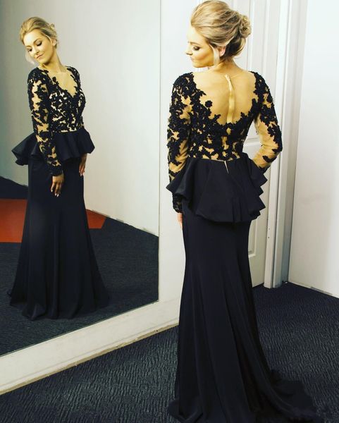 2019 new sheer long sleeves prom dresses 2020 peplum lace appliqued sheer v neck black and champagne evening dresses, Black;red
2019 new sheer long sleeves prom dresses 2020 peplum lace appliqued sheer v neck black and champagne evening dresses, Black;red