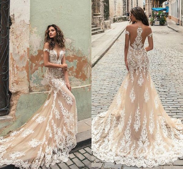 berta 2019 champagne mermaid wedding dresses sheer jewel neck short sleeves lace bridal gowns illusion bodices court train wedding gowns, White
berta 2019 champagne mermaid wedding dresses sheer jewel neck short sleeves lace bridal gowns illusion bodices court train wedding gowns, White