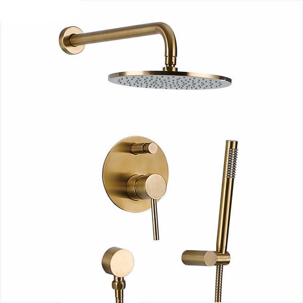 

Brushed Gold Solid Brass Bathroom Shower Set Rianfall Shower Head Faucet Wall Mounted Shower Arm Mixer Water Set
