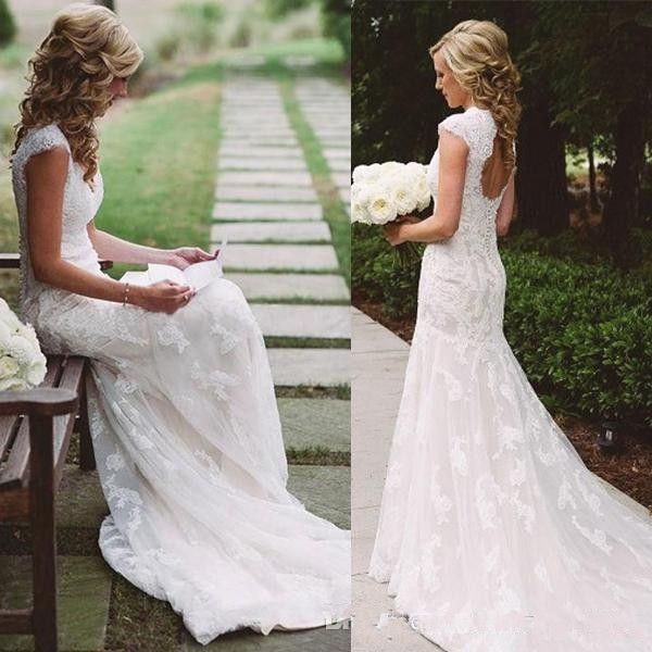 Старинные Страна Свадебные Платья Русалка Кружева Спинки V-Образным Вырезом Аппл