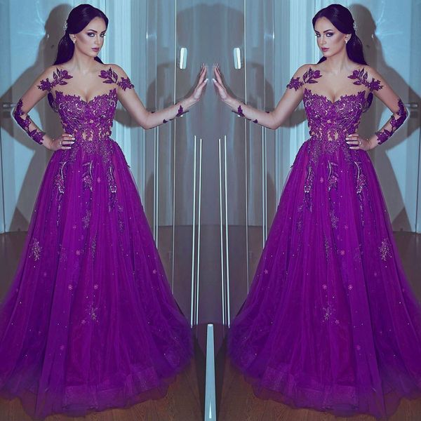 said mhamad purple prom dress sheer neck lace applique beaded tulle party gowns illusion long sleeves evening dresses, Black
said mhamad purple prom dress sheer neck lace applique beaded tulle party gowns illusion long sleeves evening dresses, Black