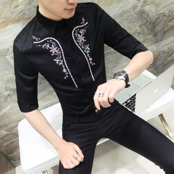 

men shirt summer slim fit 3/4sleeve tuxedo shirt men fashion embroidery night club dress shirts plus size 3xl, White;black