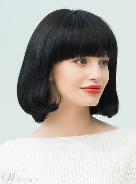 black natural medium straight bob with bangs hairstyle blend capless wigs, Black;brown
black natural medium straight bob with bangs hairstyle blend capless wigs, Black;brown
