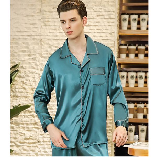 new men satin silk pyjamas set long sleeve sleepwear male leisure home clothing modern style soft cozy open stitch lake blue, Black;brown
new men satin silk pyjamas set long sleeve sleepwear male leisure home clothing modern style soft cozy open stitch lake blue, Black;brown
