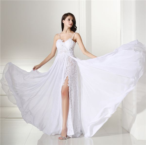2018 beach wedding dresseses chiffon with lace summer spaghetti backless side split bridal gowns lace with pearls and sequins cheap, White
2018 beach wedding dresseses chiffon with lace summer spaghetti backless side split bridal gowns lace with pearls and sequins cheap, White
