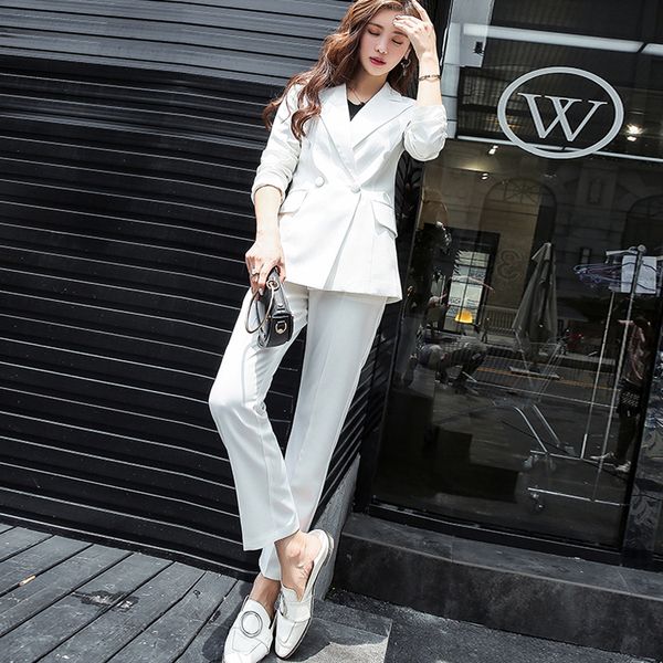 classic double breasted white women pant suits notched collar blazer jacket & straight pants office ladies female sets 2018, White;black
classic double breasted white women pant suits notched collar blazer jacket & straight pants office ladies female sets 2018, White;black
